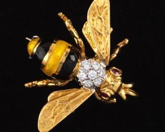 Vintage Italian Gold, Diamond, Ruby and Enamel Bee Brooch 