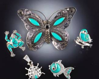 Five Sterling Silver, Turquoise and Gems Jewellery 