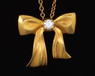 Ladies Vintage Gold and Diamond Bow Pendant on Chain, Marked Tiffany  Co. 