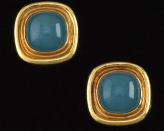 MAZ Vintage Pair of Gold and Chalcedony Ear Clips 