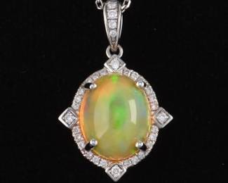 Ladies Gold, Opal and Diamond Pendant on Chain 