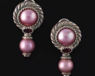 Judith Ripka pair of Sterling Silver, Pink Pearl and Garnet TwoinOne Ear Clips 