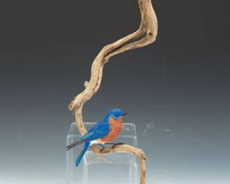Artisan Hand Carved and Painted Bluebird Perching on a Branch 