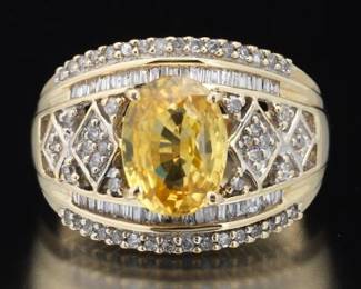 14K Yellow Canary Zircon and Diamond Ring