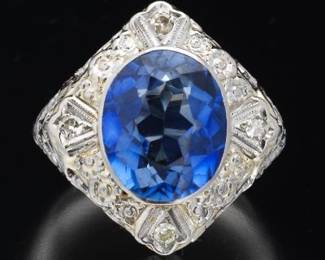 Ladies Art Deco Style Gold, Blue Sapphire and Diamond Ring 