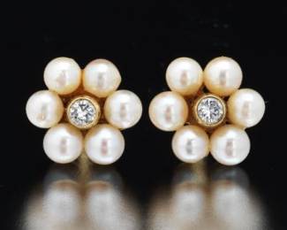 Ladies Germany Pair of Gold, Diamond and Seed Pearl Ear Studs 