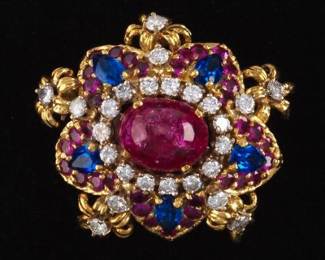 Ladies Gold, Ruby, Lab Grown Blue Sapphire and Diamond Brooch 