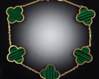 Ladies Italian VCA Style Gold and Malachite Bracelet 