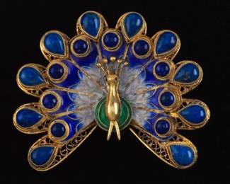 Vintage Gold Vermeil Sterling Silver, Lapis Lazuli and Enamel Peacock Brooch 