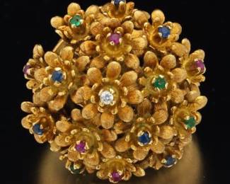 Ladies Vintage Italian 18K Gold, Diamond and Gem Stones Tremblant Floral Bouquet Ring 