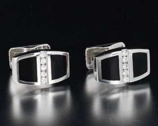 Pair of Platinum, Black Onyx and Diamond Cufflinks 