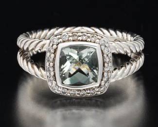 David Yurman Sterling Silver, Diamond and Green Blue Topaz Ring 