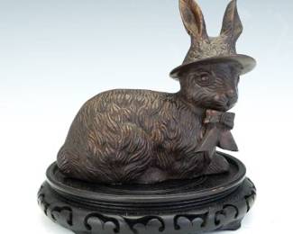 Japanese Patinated Bronze Easter Bunny, on Wood Stand