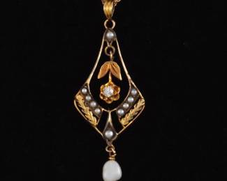 Ladies Victorian Gold, Diamond and Seed Pearl Pendant on Chain 