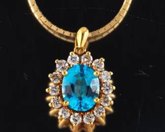 Ladies Italian Gold, Blue Topaz and Diamond Pendant on Chain 