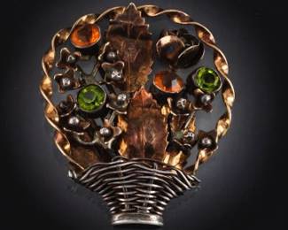 Hob Gold Filled, Sterling Silver and Gem Stones Floral Bouquet Basket Brooch 