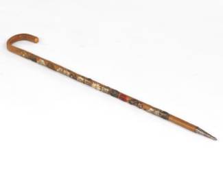 Antique European Wooden Walking Stick with Mix Metals Plaques, German, Swiss, Austrian 