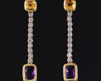 Ladies TwoTine Gold, Amethyst, Citrine and Diamond Dangle Earrings 