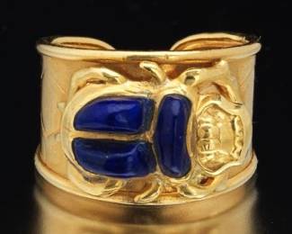 Ladies Egyptian Revival 18K Gold and Lapis Lazuli Scarab Flex Ring 