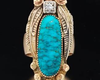 FONCO Native American Style Vintage Gold, Turquoise and Diamond Oversized Ring 