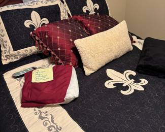 Beautiful Fleur de Lis comforter, shams, burgundy curtains, bedskirt and pillows