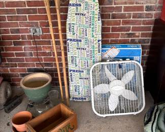 Garden items, ironing board, two Lasko like new box fans 