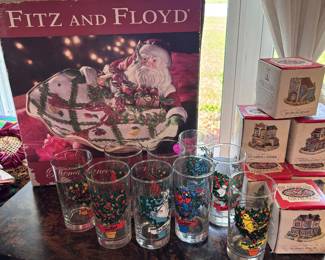 Fitz and Floyd Christmas dish, glass xmas glasses, and houses