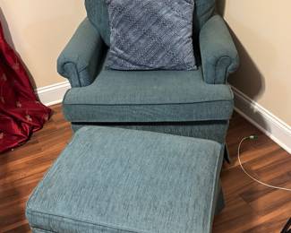Nice Blue velour easy chair with ottoman in good condition 