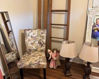 Bunk bed ladder and rail… cute upholstered dining chair.. small door mirror
