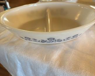 Vintage Glasbake oval shape milk glass divided casserole or serving dish known as Blue Cornflower