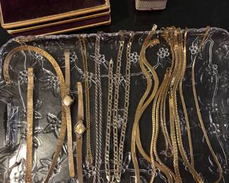Colllection of gf gold tone chains, watches, bracelets and rings. 