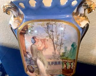 Gorgeous Painted Blue Porcelain Vase with Detailed Handles and Decorative Image