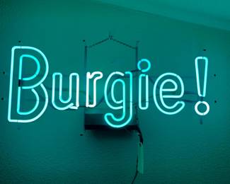 Vintage "Burgie!" neon sign, advertising Burgermeister Beer