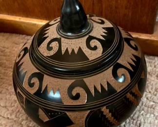 Mata Ortiz style vessel with lid.