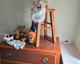 5 Drawer Wood Chest; Stool; Dolls; Stuffed Animals; Trolls and more