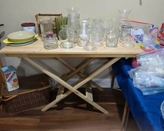 Lots of Glass Vases; Vintage Picnic Basket; Wood Folding Table