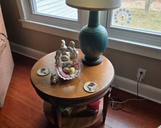 Round Wood Bi-Level End Table; Vintage Lamp and more