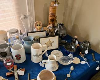 Large Collection of Mugs & Steins, Crucifixes, Glass Decor, Ceramic Decor and more
