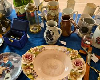 Large Collection of Mugs & Steins, Crucifixes, Glass Decor, Ceramic Decor and more
