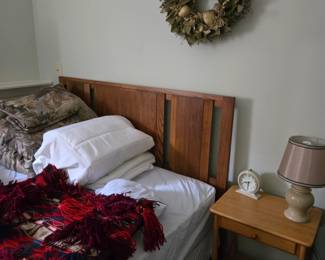 Full Size Bed Frame with Foundation; Small Single Drawer Night Stand; Lamp and Linens