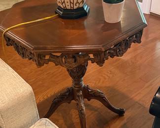 Antique Carved Walnut Octagonal Pedestal Side Table