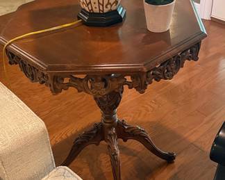 Antique Carved Walnut Octagonal Pedestal Side Table