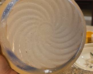 Antique Salt Glazed Stoneware Mixing Bowl with Blue Slip Decoration second image