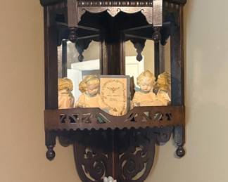 Victorian Walnut Corner Shelf with Cherub Figurines and First Graces Plaque