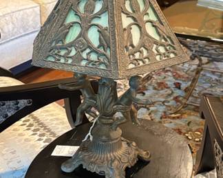Art Nouveau Cherub and Tree Slag Glass Table Lamp