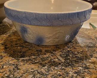 Antique Salt Glazed Stoneware Mixing Bowl with Blue Slip Decoration