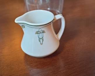 Small Creamer Pitcher with Green and Gold Decal  Foley Art China  Peacock Pottery