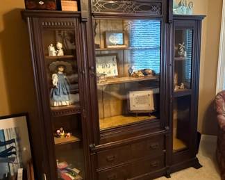 Victorian Walnut Display Cabinet with Glass Doors and Drawers
