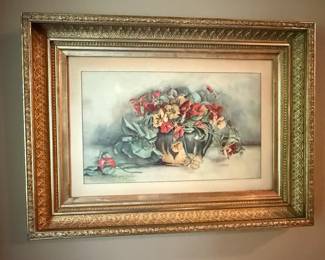 Floral Still Life Watercolor Painting in Ornate Frame