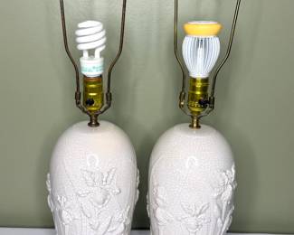 Set of 2 White Ceramic Lamps with Crazed Finish and Raised Floral Design 
